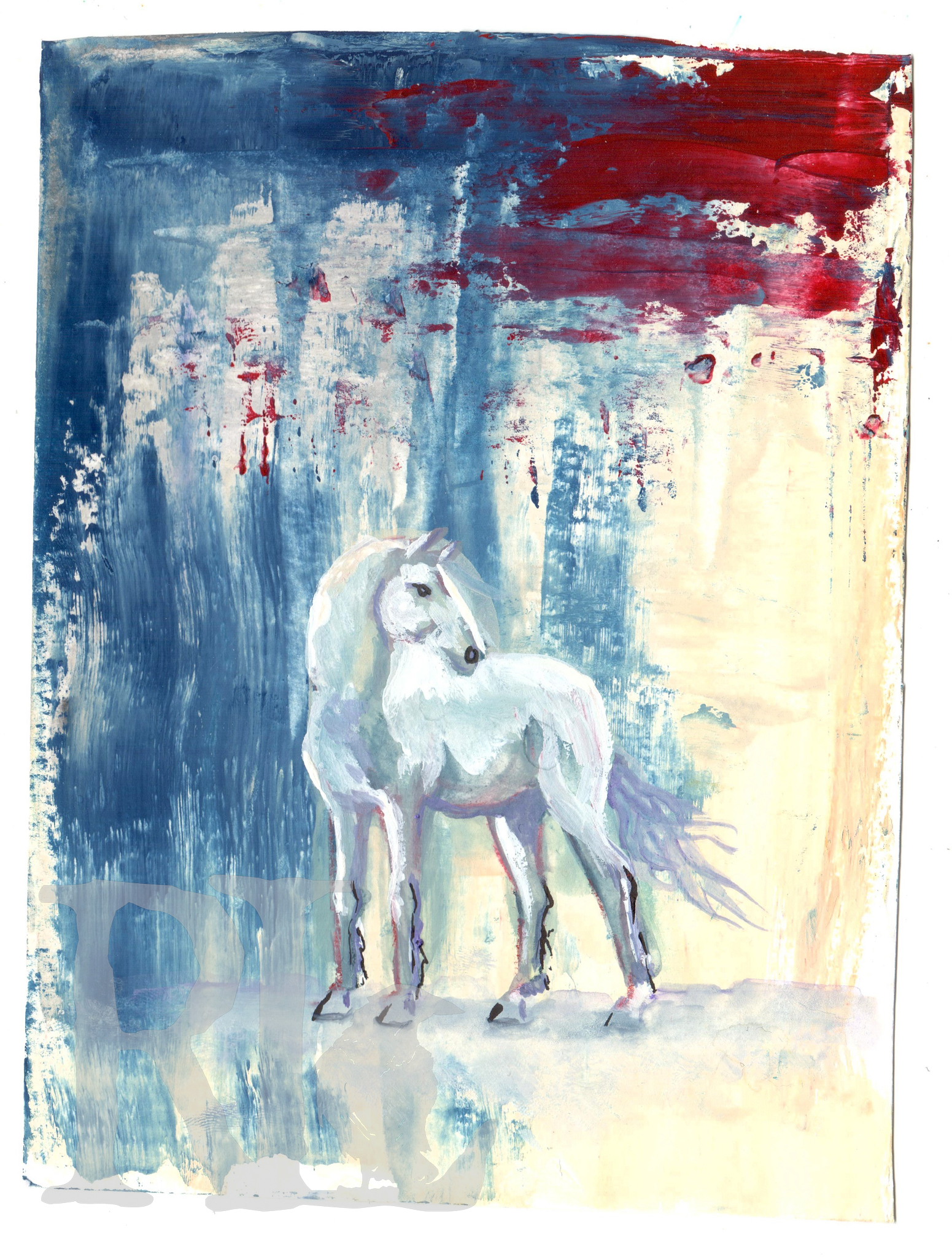 A horse stands on a blue and sand background.